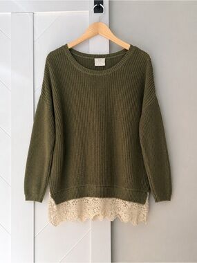 Pins and Needles Olive Knit Sweater with Cream Lace Hem Size Small Boho